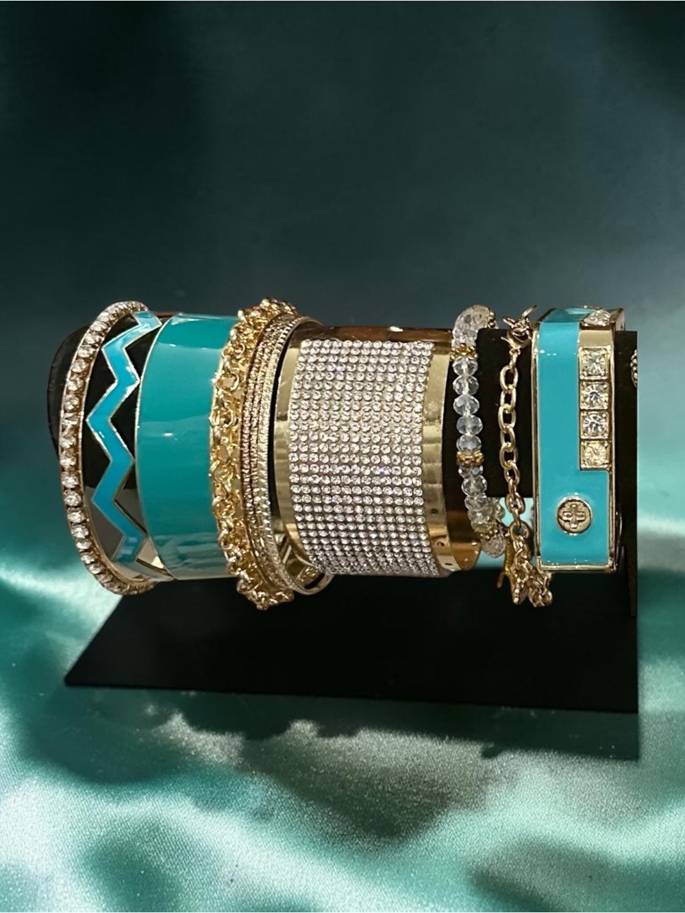 Turquoise Gold Bangle Stack Bracelet Set Rhinestone Enamel Boho Statement - Picture 6 of 7